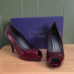 Stuart Weitzman Dark Red Patent Peep Toe Heels 9N